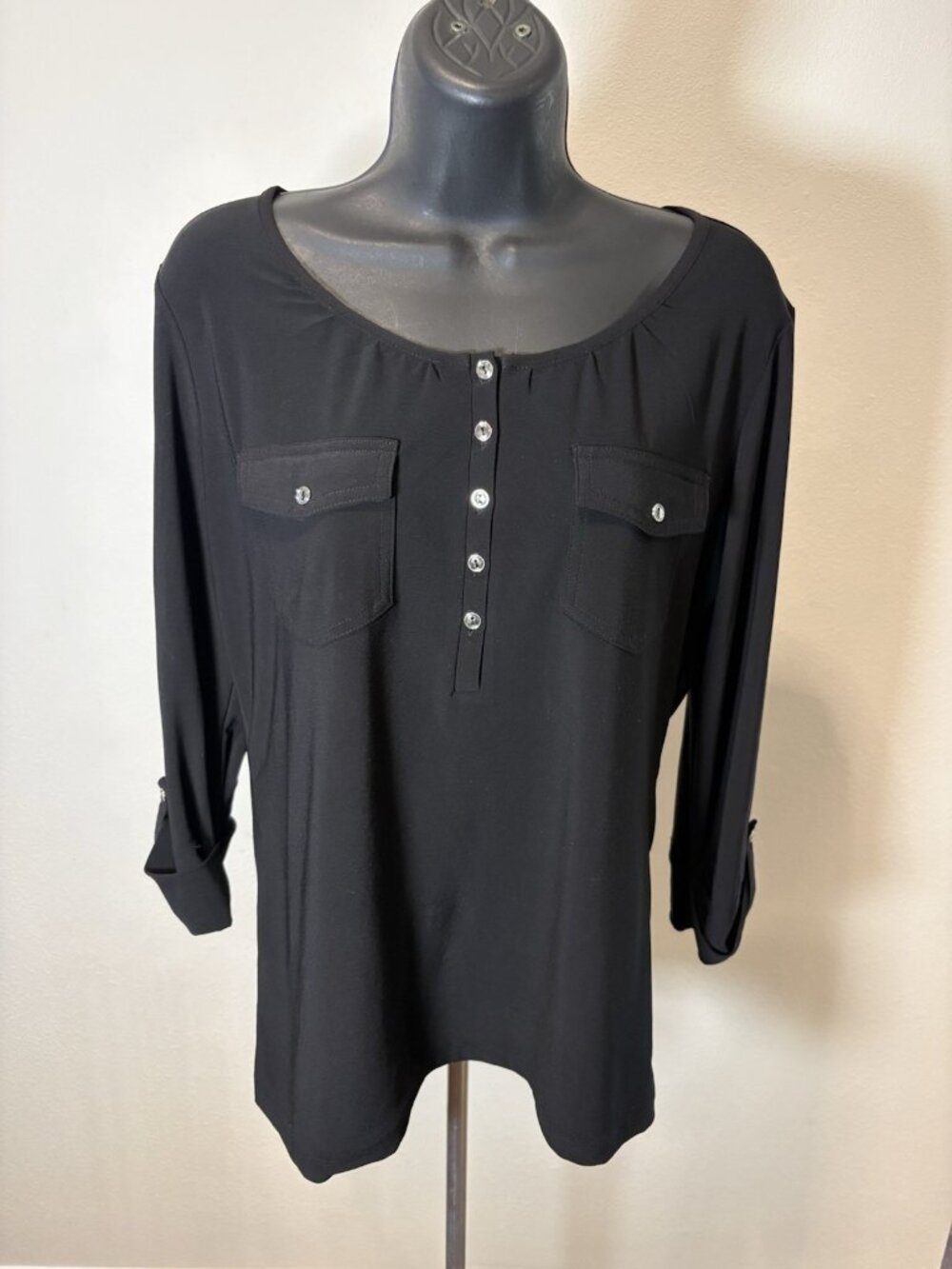Christopher & Banks Womens Size S Blouse Roll Tab Sleeves Black 1/4 Button